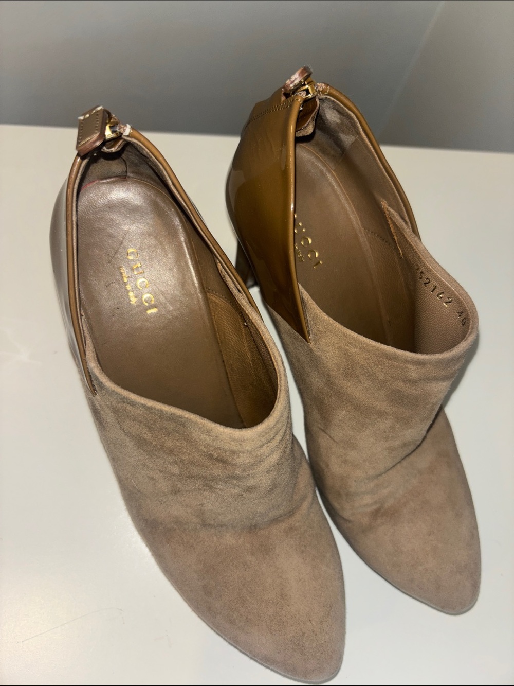 Gucci Taupe Suede & Patent Leather Pointed-Toe Ankle Heels